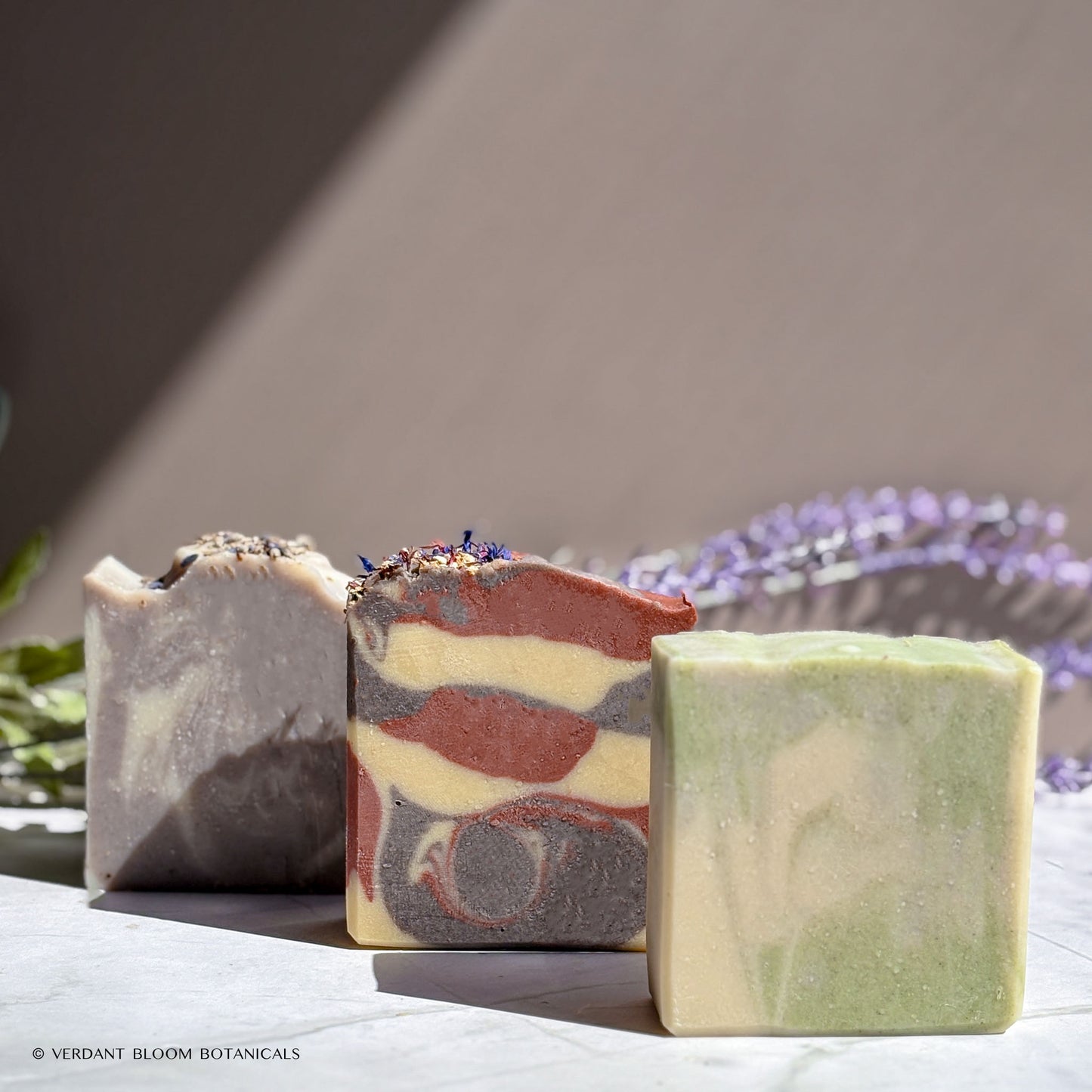 Botanical Calm Bundle aromatherapy soap trio with organic essential oils and fresh, relaxing herbal scents