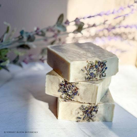 Tranquil Bloom soap bar with lavender and chamomile-infused oils, soothing and relaxing, supports eczema and inflammation