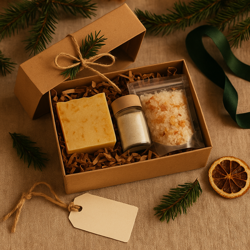 Holiday custom gift set featuring small-batch soap and self-care products in eco-friendly packaging.