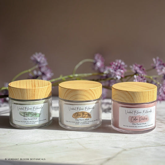 Set of 3 clay masks: soothing, brightening & clarifying blends with kaolin, turmeric & charcoal. Approx. 30 uses in reusable glass jars.