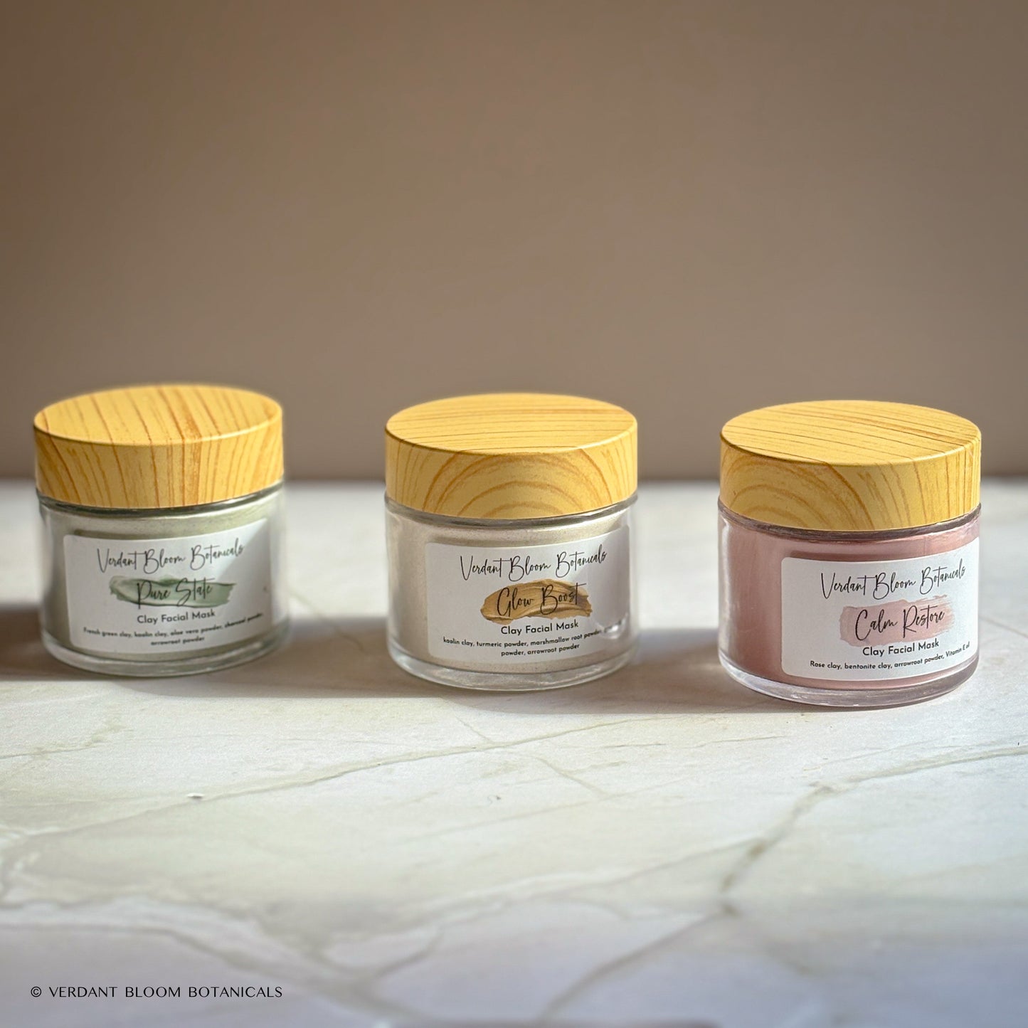 Set of 3 clay masks: soothing, brightening & clarifying blends with kaolin, turmeric & charcoal. Approx. 30 uses in reusable glass jars.