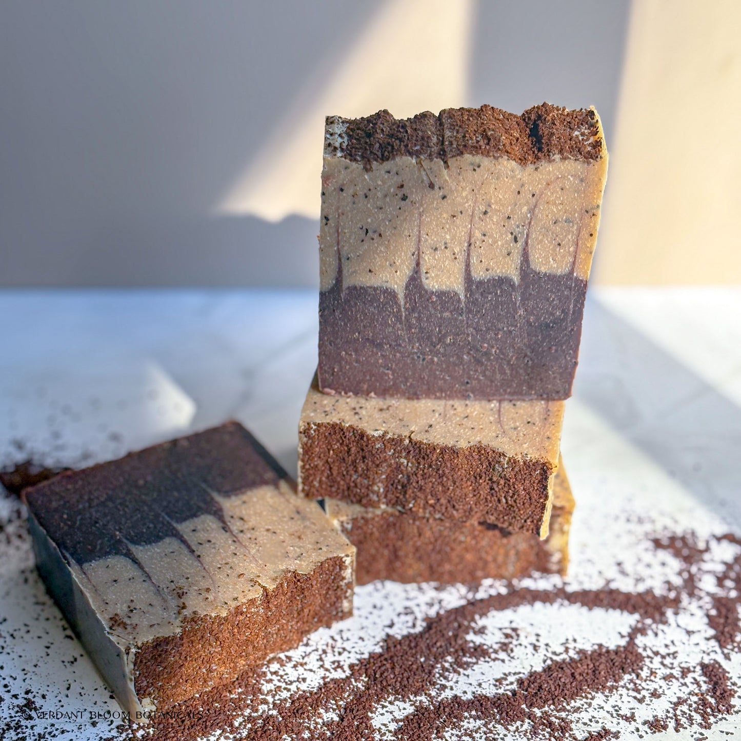 Coffee scrub soap bar with exfoliating texture, improves skin tone and supports detox and circulation