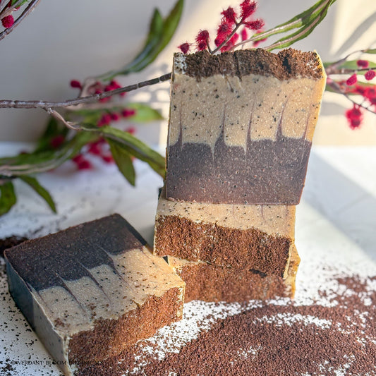 Coffee scrub soap bar with exfoliating texture, improves skin tone and supports detox and circulation