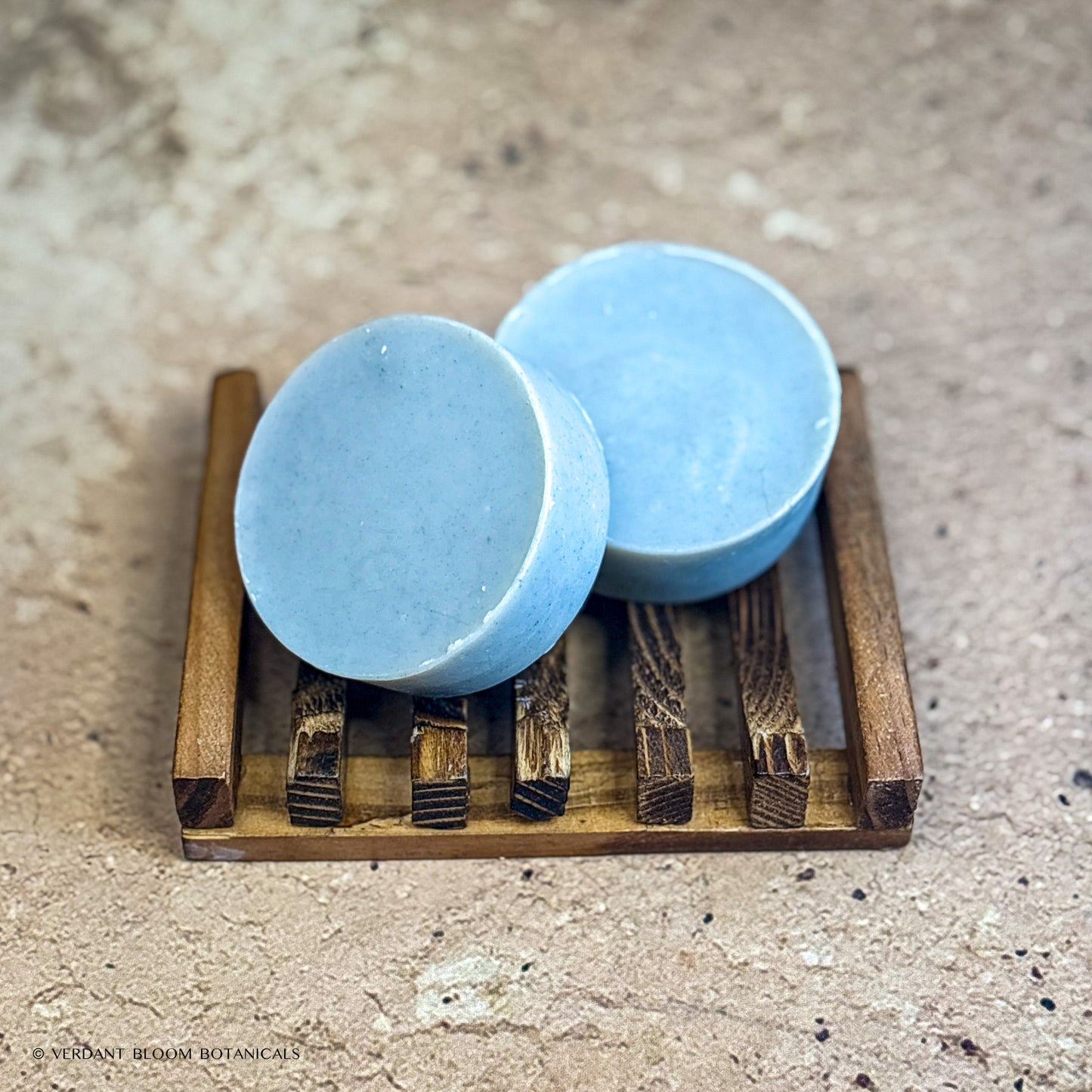 Common Ground mini soaps bar on wooden holder