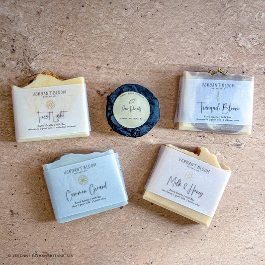 Extra Gentle Set including all four goat milk soap bars and mini Raw Remedy soap with labels
