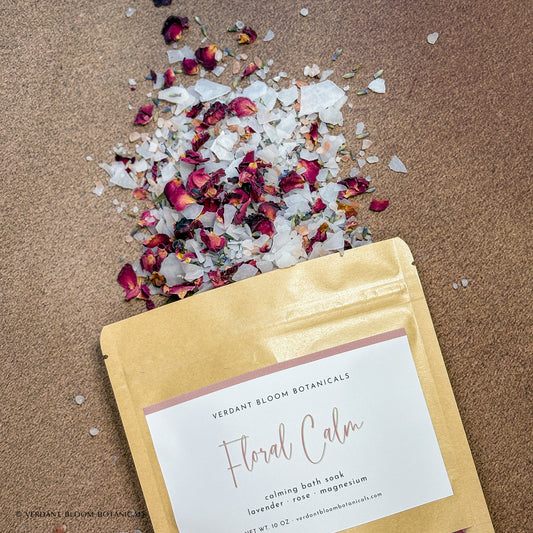 Floral Calm bath soak open on table