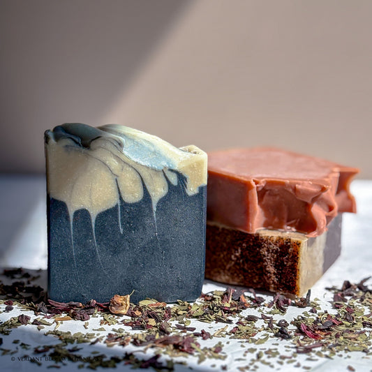 Detox soap bundle with activated charcoal, turmeric, and coffee grounds for exfoliating and detoxifying acne-prone skin