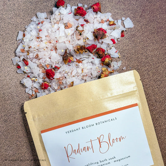 opened bag of Radiant Bloom bath soak spilled on table