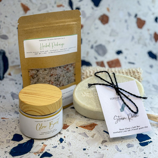 Recovery Kit containing bath soak, face mask, salt bar, and sisal soap bag