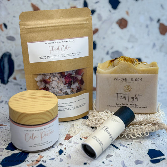 Sensitive Skin Kit including bath soak, face mask, goat milk soap, lip balm, and sisal soap bag