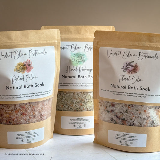 Set of 3 bath soaks: citrus, floral, and herbal blends with salts, magnesium & jojoba. 30 soothing baths in kraft pouches. A complete body ritual.