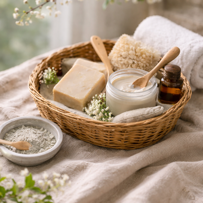 basket containing bar soap and lotions