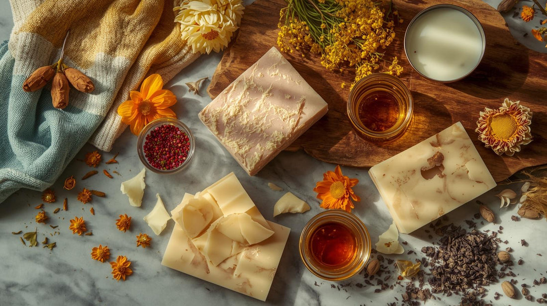 soap and botanicals scattered on a table