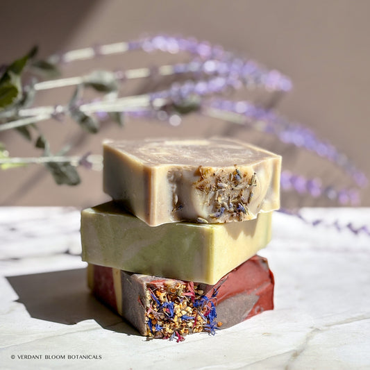 Botanical Calm Bundle aromatherapy soap trio with organic essential oils and fresh, relaxing herbal scents