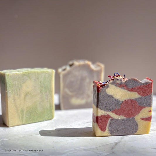 Botanical Calm Bundle aromatherapy soap trio with organic essential oils and fresh, relaxing herbal scents