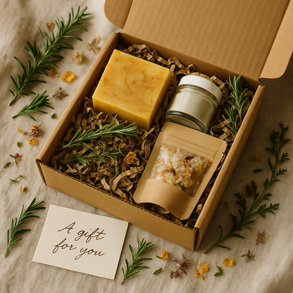 Custom gift set with natural handmade soap and skincare products wrapped in botanical packaging.