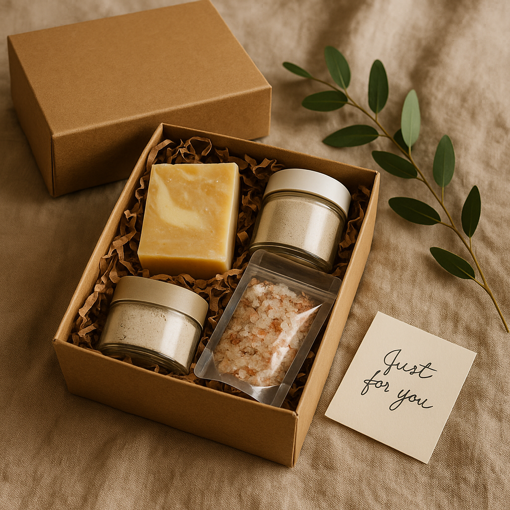 Build-your-own natural skincare gift box with organic soap, bath soak, and clay mask.