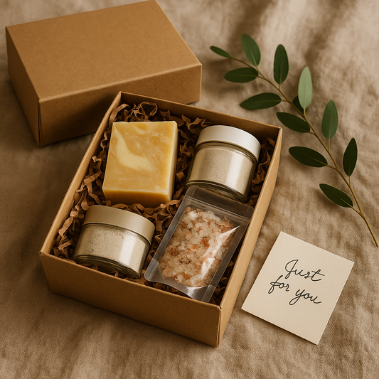 Build-your-own natural skincare gift box with organic soap, bath soak, and clay mask.