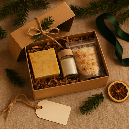 Holiday custom gift set featuring small-batch soap and self-care products in eco-friendly packaging.