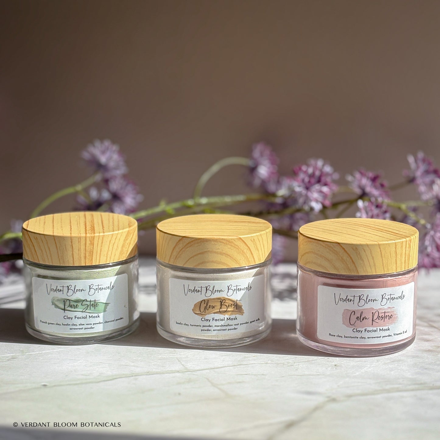 Set of 3 clay masks: soothing, brightening & clarifying blends with kaolin, turmeric & charcoal. Approx. 30 uses in reusable glass jars.