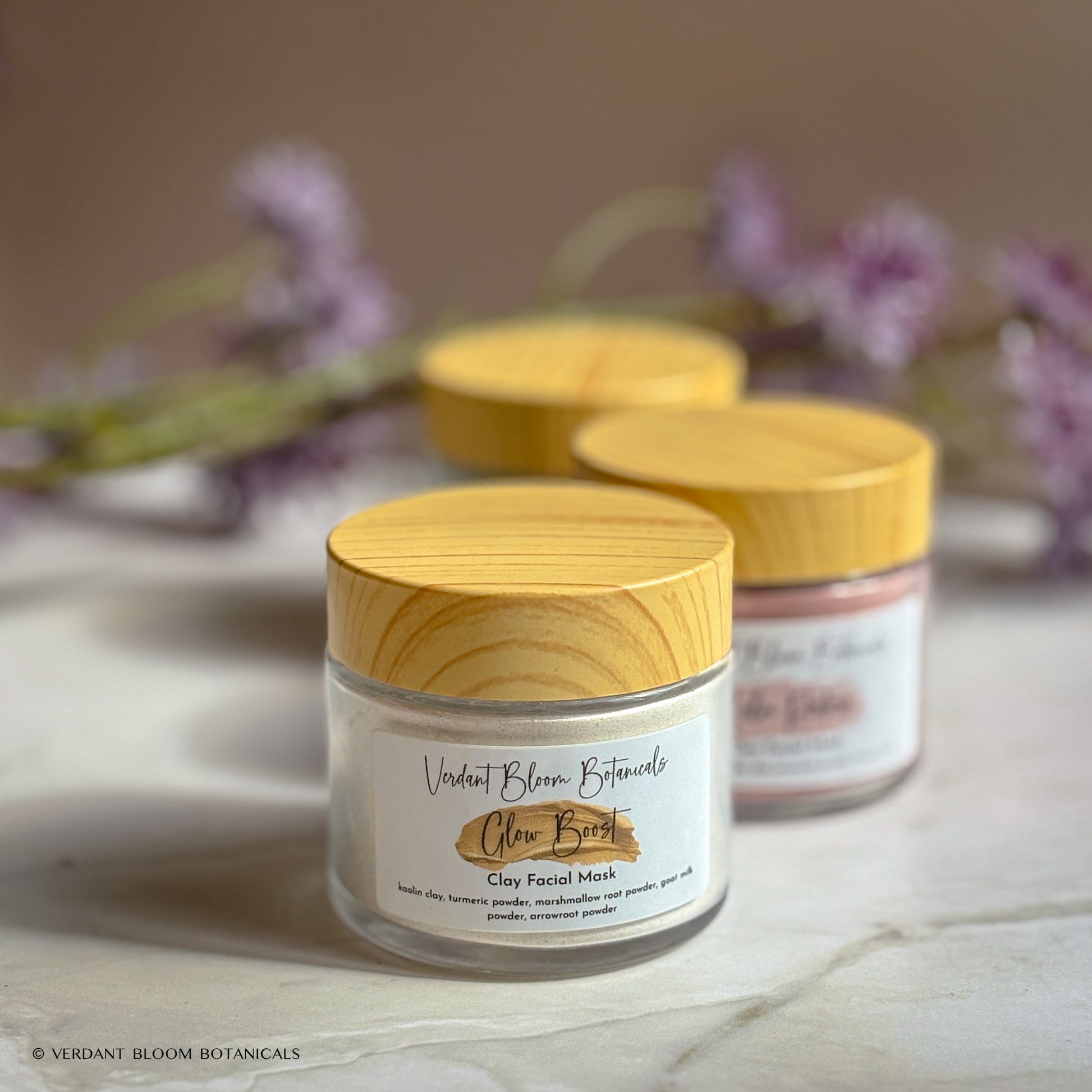 Set of 3 clay masks: soothing, brightening & clarifying blends with kaolin, turmeric & charcoal. Approx. 30 uses in reusable glass jars.