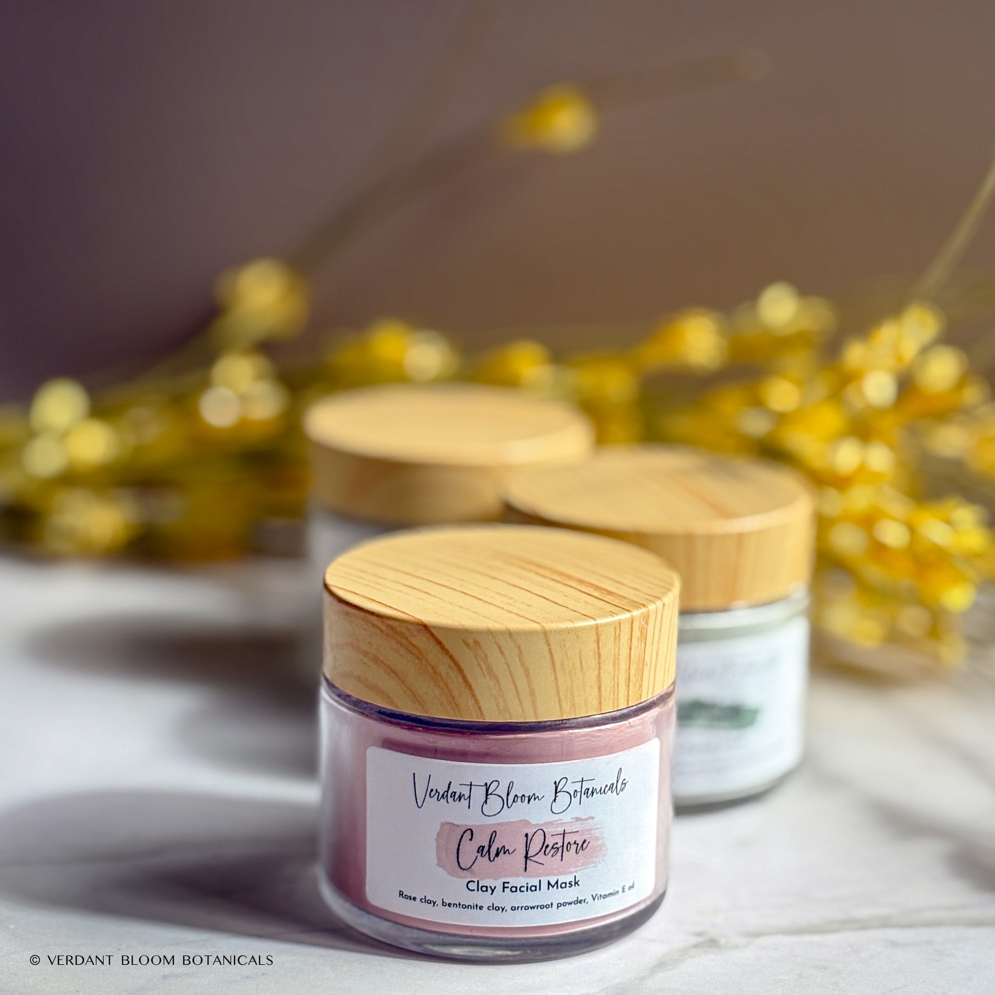 Set of 3 clay masks: soothing, brightening & clarifying blends with kaolin, turmeric & charcoal. Approx. 30 uses in reusable glass jars.