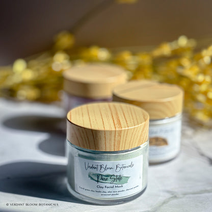 Set of 3 clay masks: soothing, brightening & clarifying blends with kaolin, turmeric & charcoal. Approx. 30 uses in reusable glass jars.