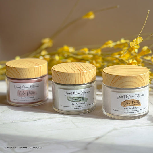 Set of 3 clay masks: soothing, brightening & clarifying blends with kaolin, turmeric & charcoal. Approx. 30 uses in reusable glass jars.