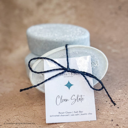 stack of Clean Slate salt bars with label