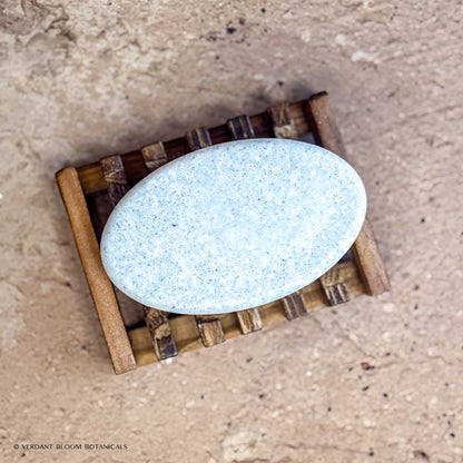 Clean Slate salt bar on wooden soap holder