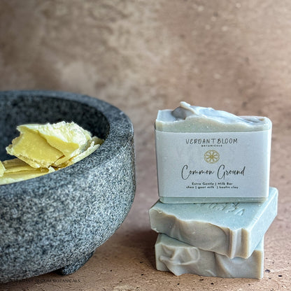 Common Ground soap bars next to bowl of shea butter