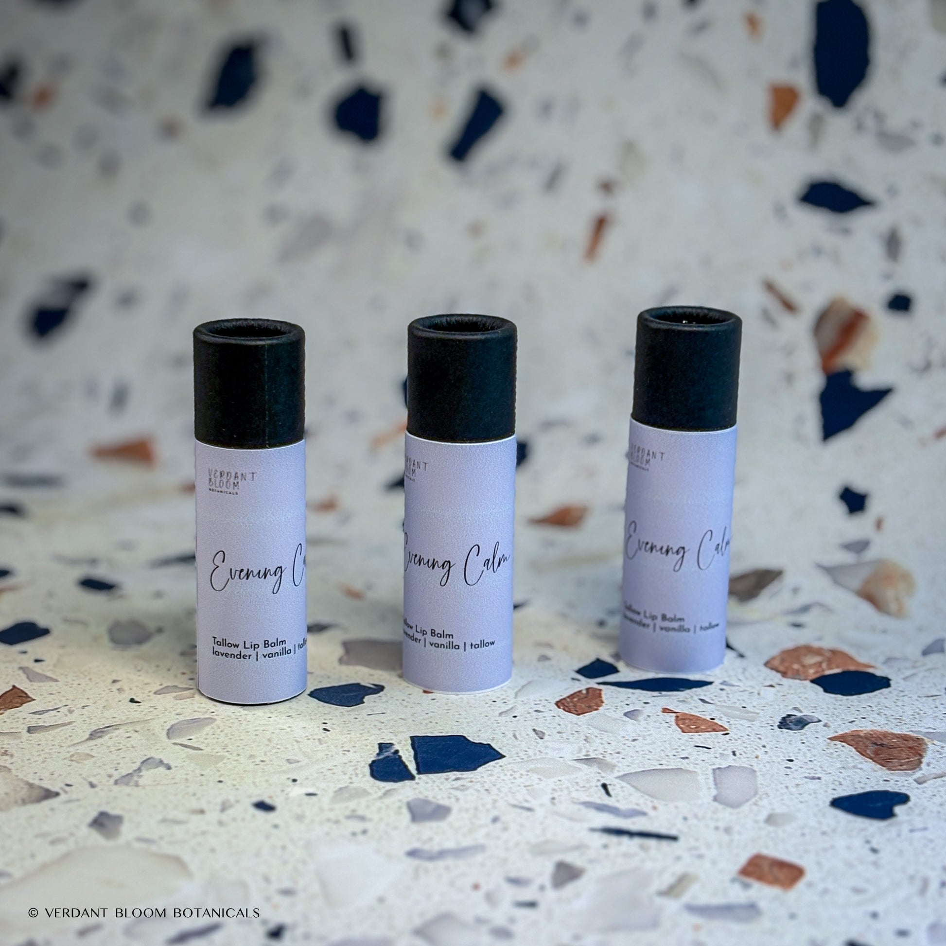 Three tubes of Evening Calm lip balms