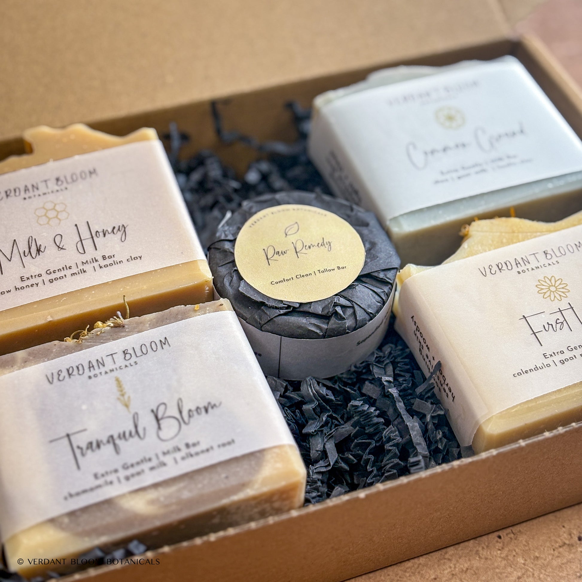 Extra Gentle Set including all four goat milk soap bars and mini Raw Remedy soap in gift box