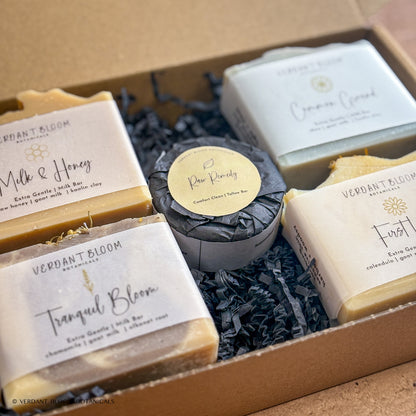 Extra Gentle Set including all four goat milk soap bars and mini Raw Remedy soap in gift box