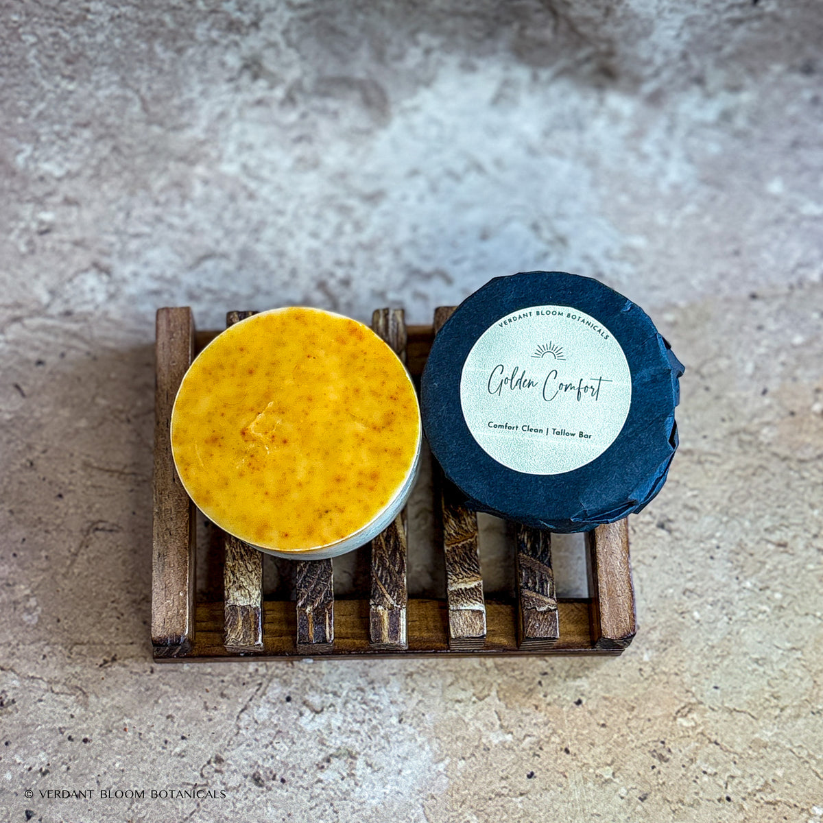Golden Comfort mini soap bars on wooden soap tray