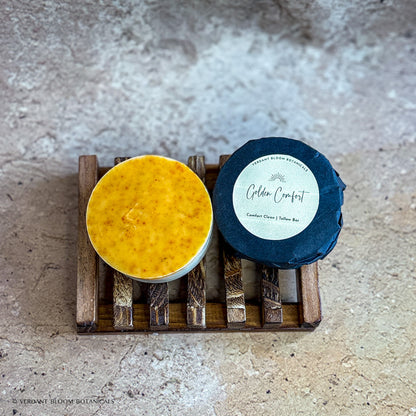 Golden Comfort mini soap bars on wooden soap tray