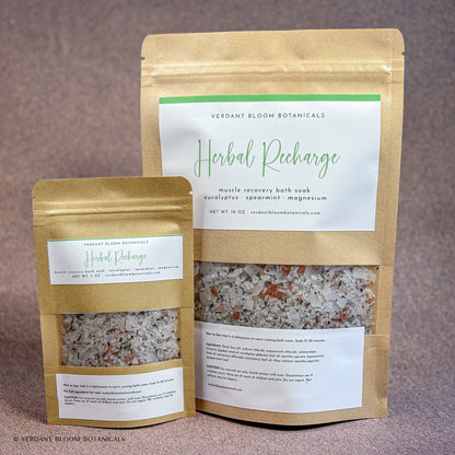10 oz bag and 4 oz bag of Herbal Recharge bath soaks
