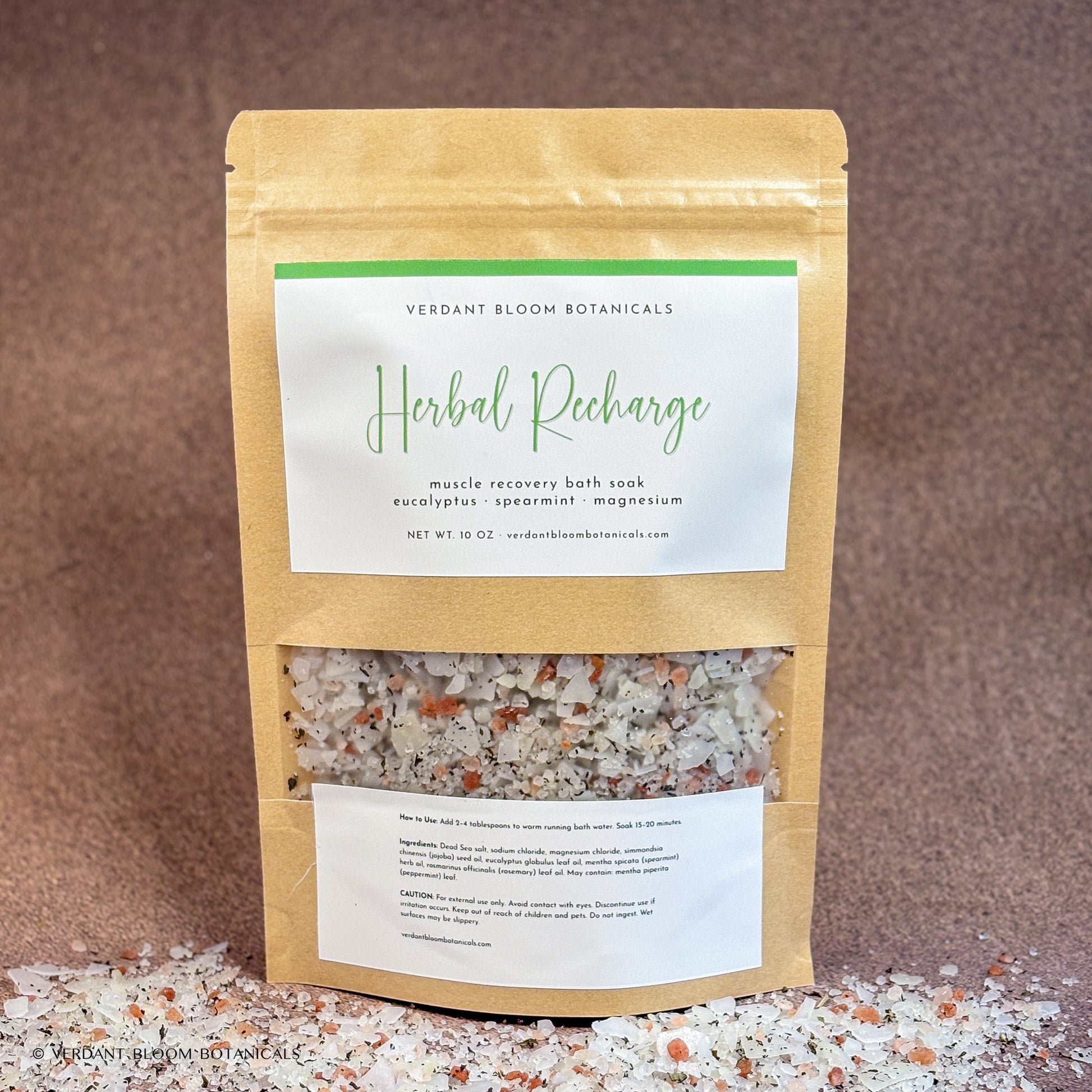 packaged bag of Herbal Recharge bath soak