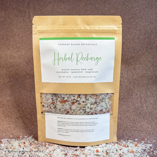 packaged bag of Herbal Recharge bath soak