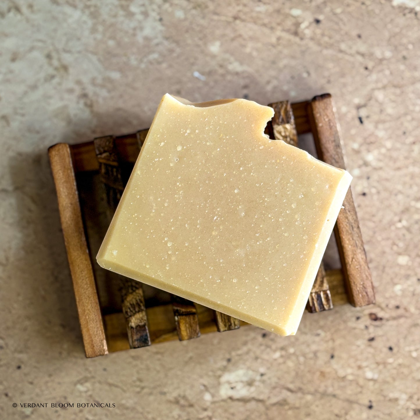Milk & Honey soap bar on wooden soap holder