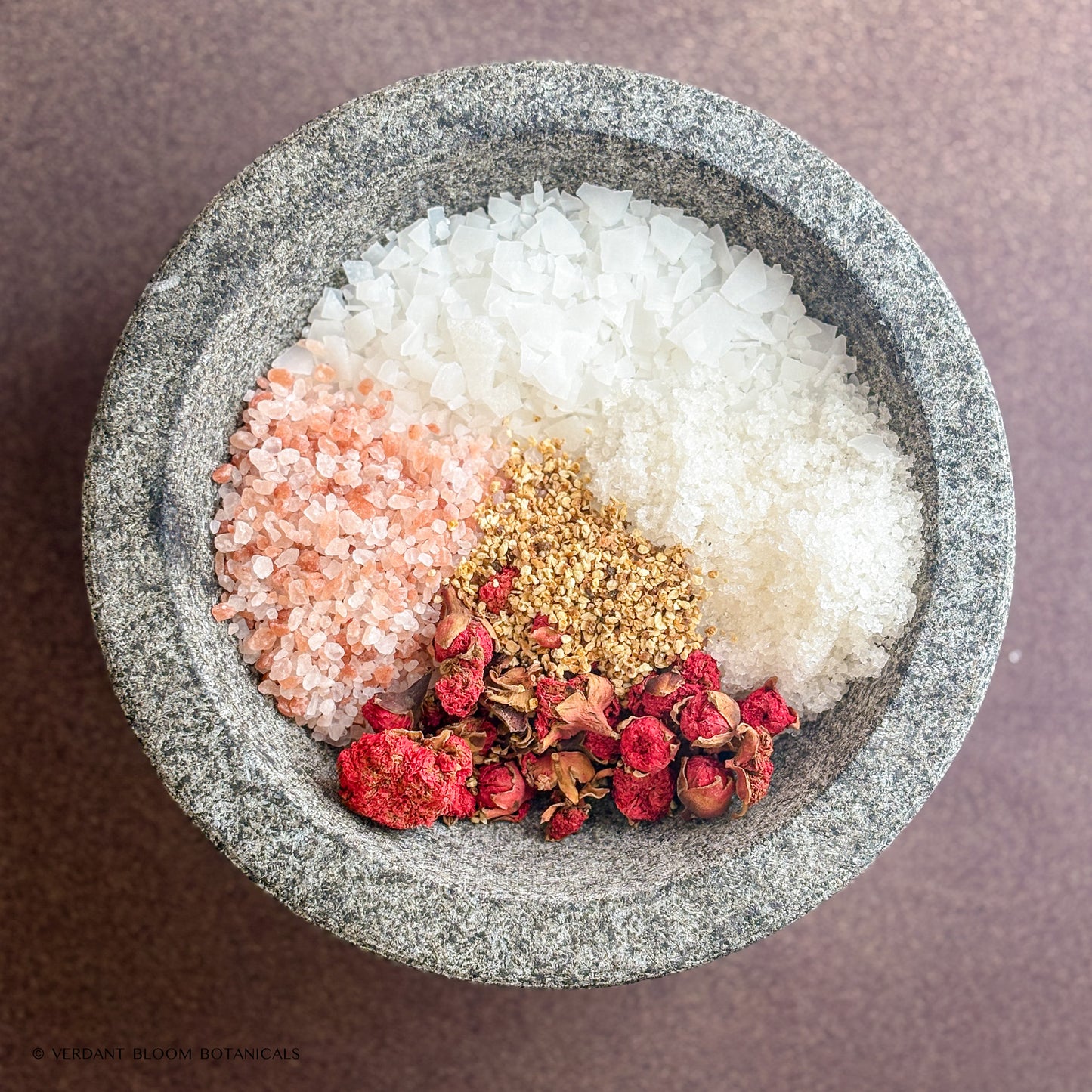 ingredients of Radiant Bloom in granite bowl