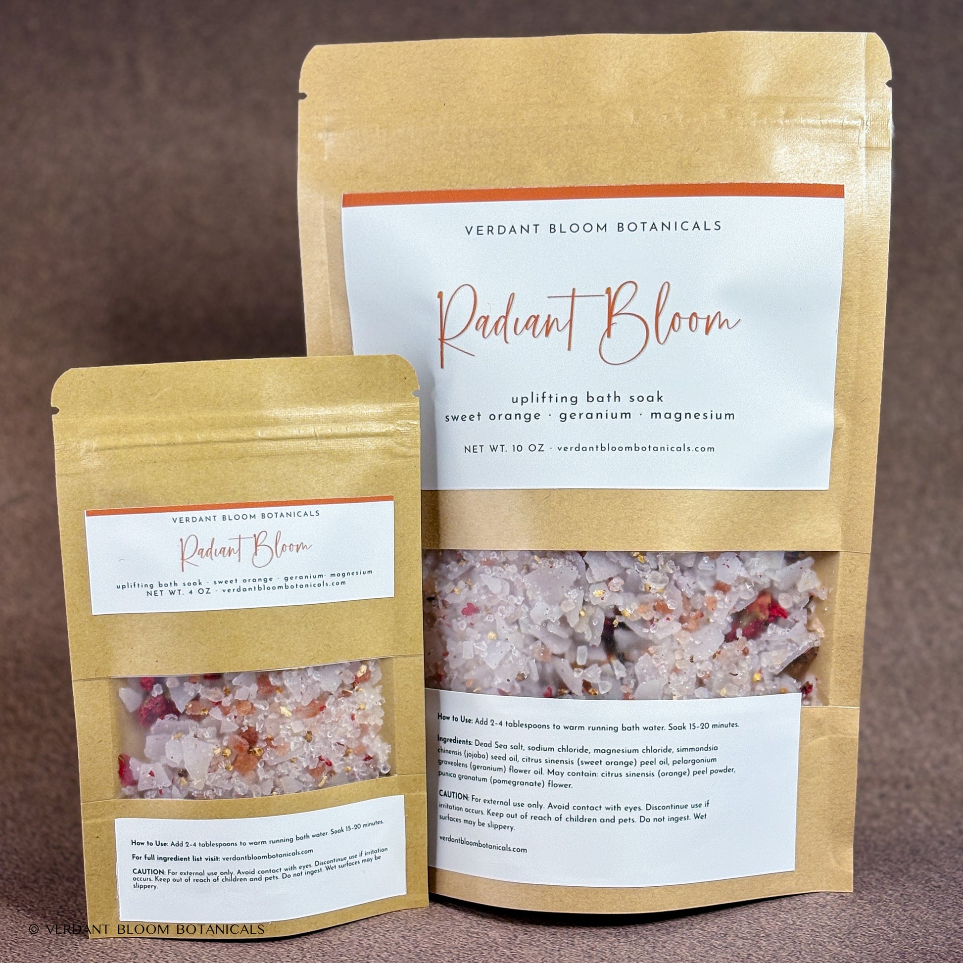 10 oz bag and 4 oz bag of Radiant Bloom bath soak