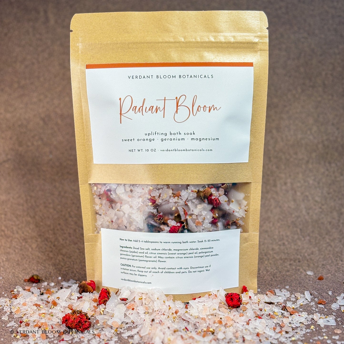 Radiant Bloom bath soak packaged in bag