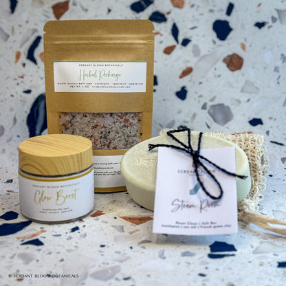 Recovery Kit containing bath soak, face mask, salt bar, and sisal soap bag