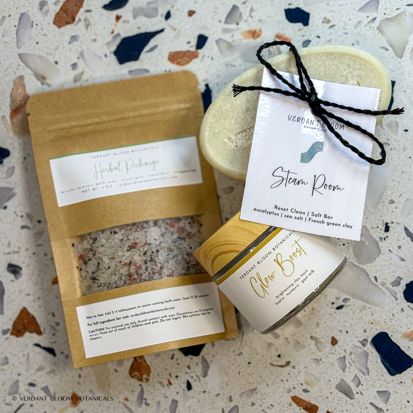 Recovery Kit containing bath soak, face mask, salt bar, and sisal soap bag