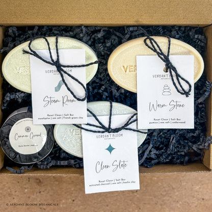Reset Clean bundle including all three salt bar soaps and mini Common Ground soap in gift box