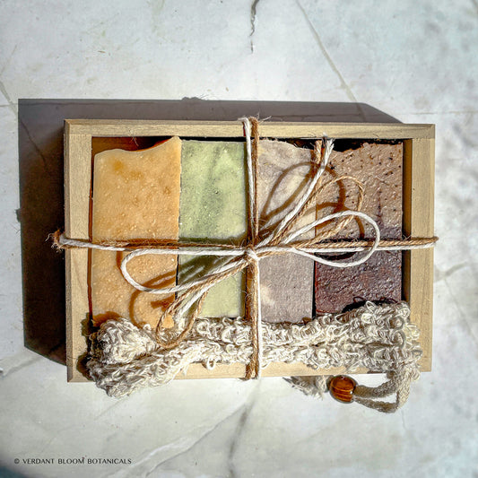 Build your own soap sampler box with four custom samples and eco-friendly sisal scrubber bag