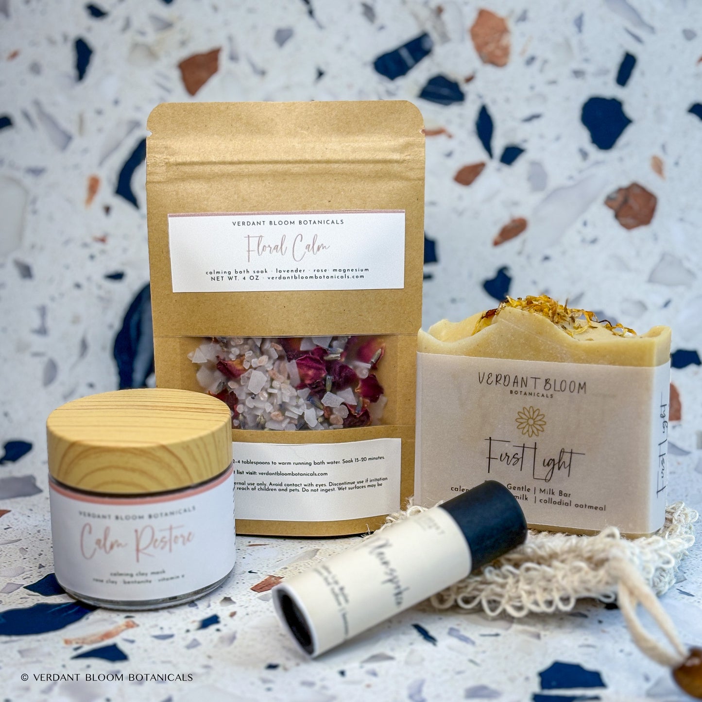 Sensitive Skin Kit including bath soak, face mask, goat milk soap, lip balm, and sisal soap bag