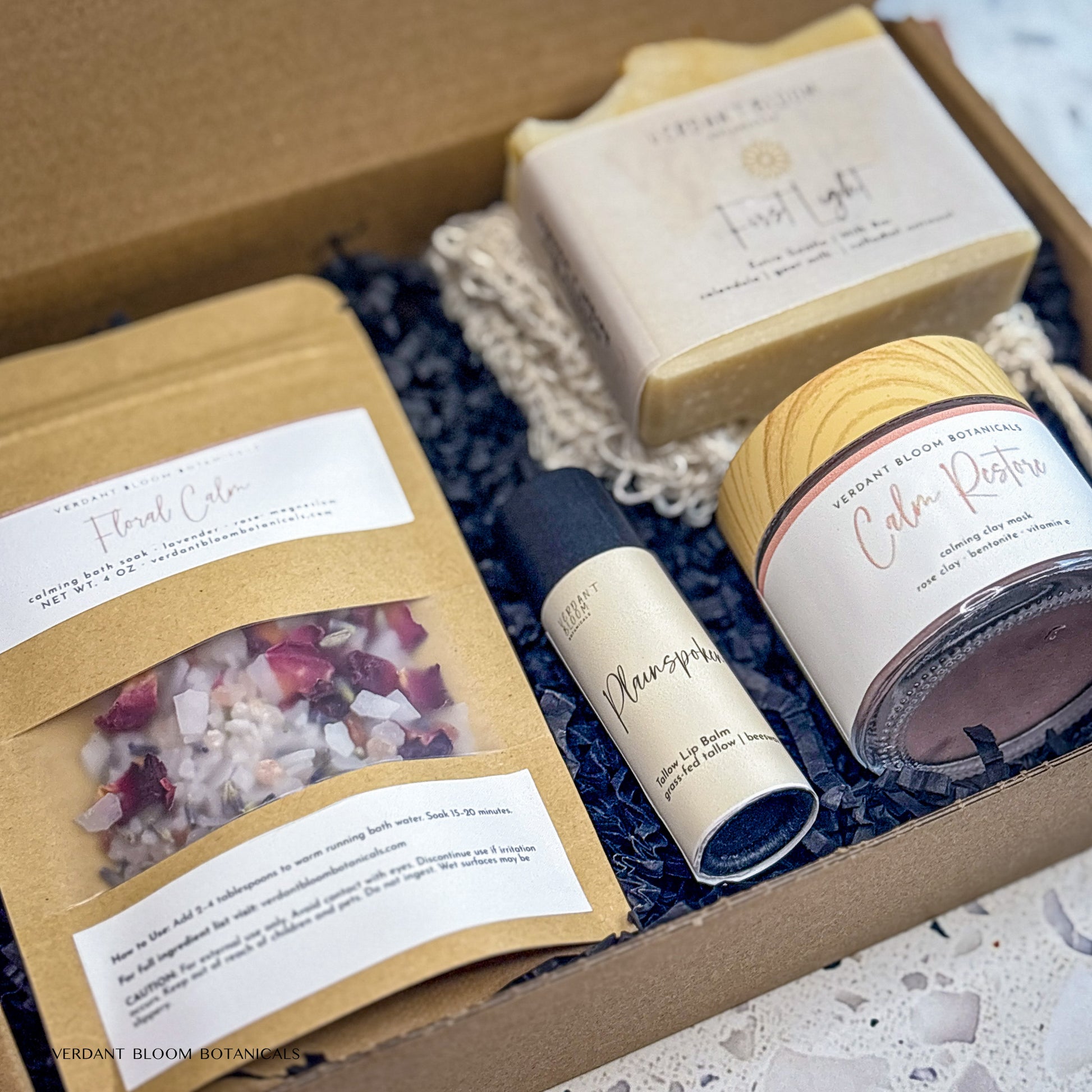 Sensitive Skin Kit including bath soak, face mask, goat milk soap, lip balm, and sisal soap bag in gift box