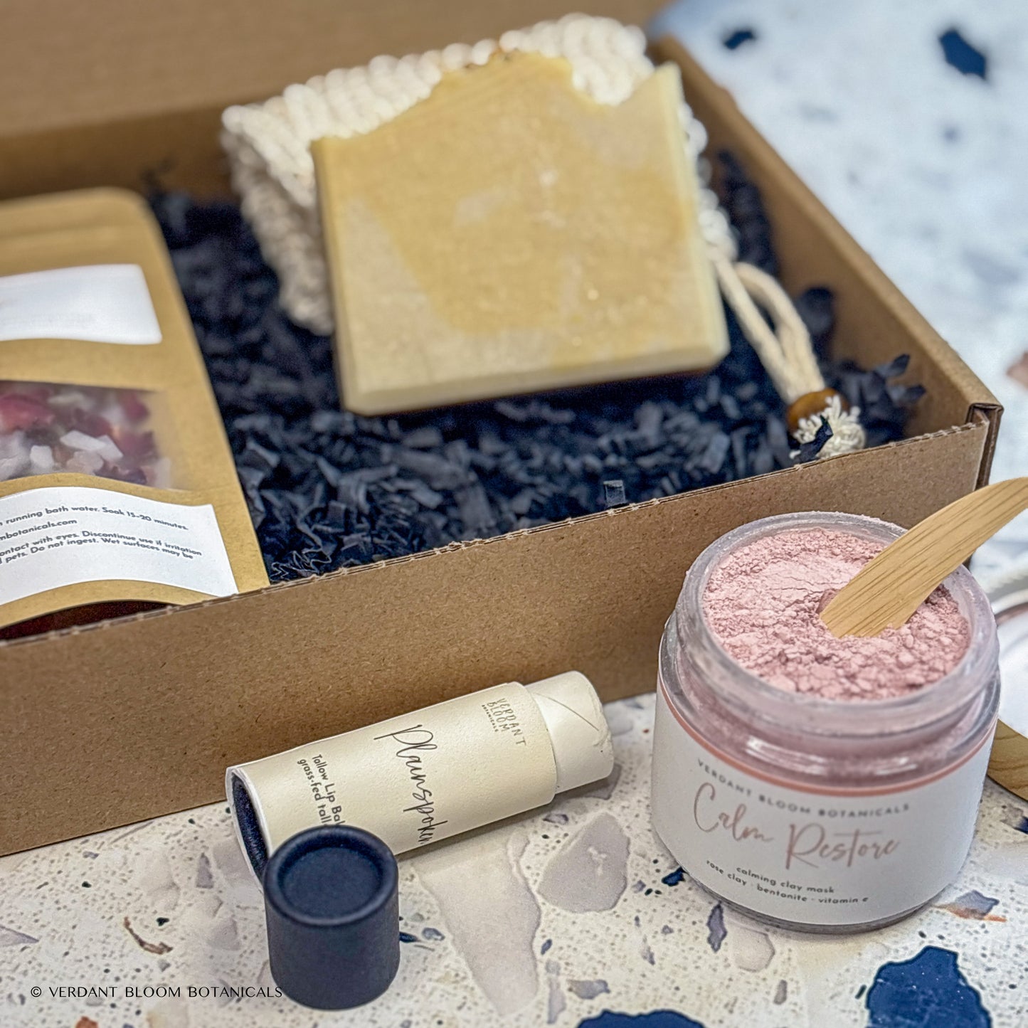 Sensitive Skin Kit including bath soak, face mask, goat milk soap, lip balm, and sisal soap bag in gift box
